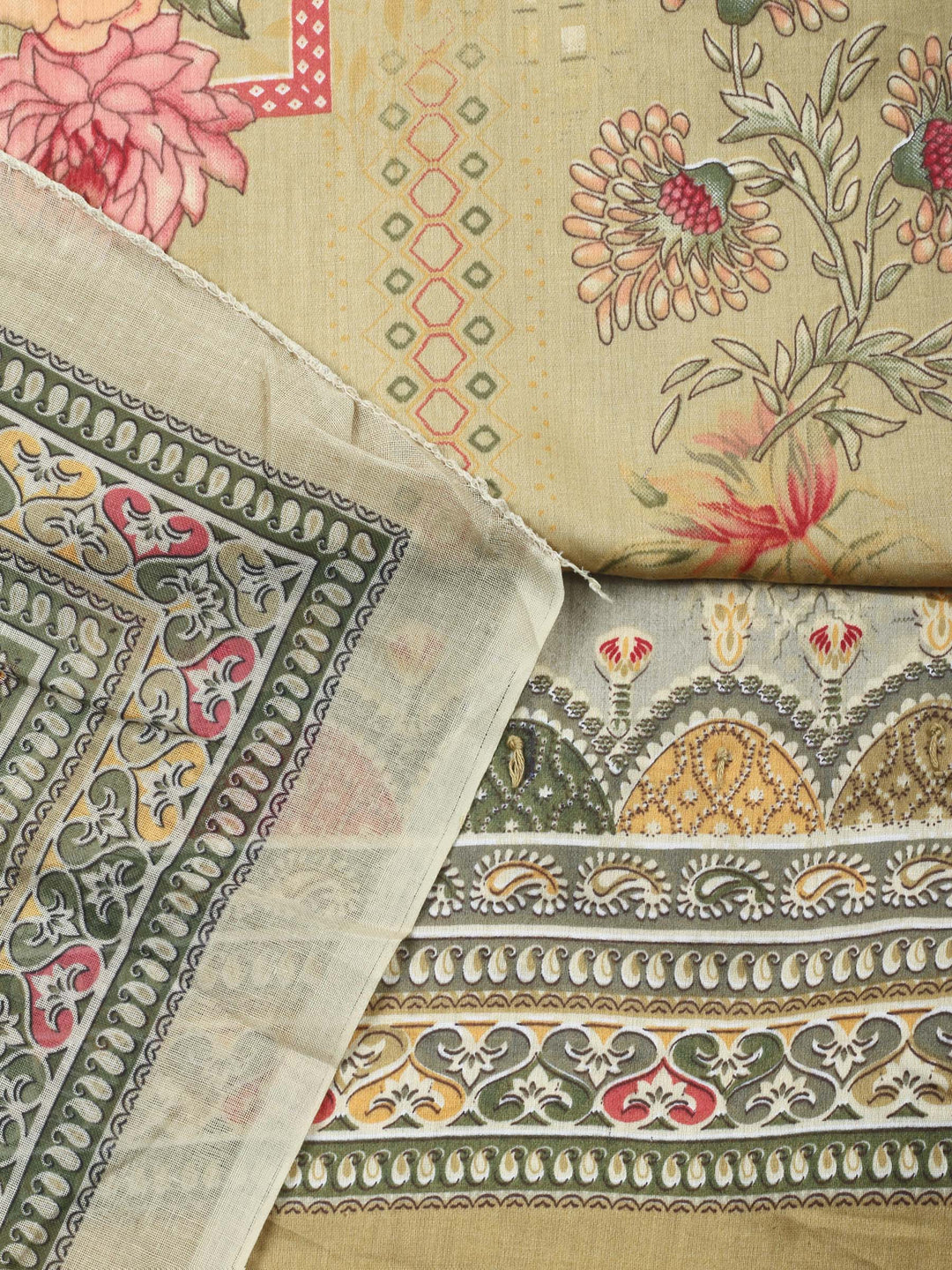 Beige Printed Cotton Blend Unstitched Dress Material
