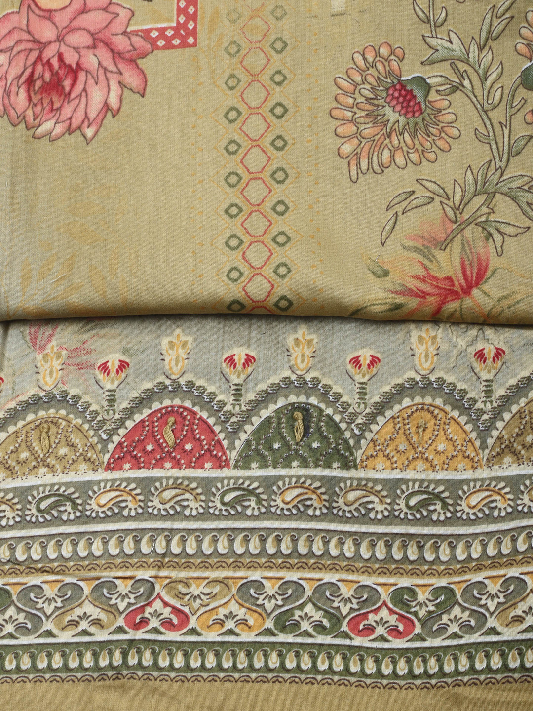 Beige Printed Cotton Blend Unstitched Dress Material