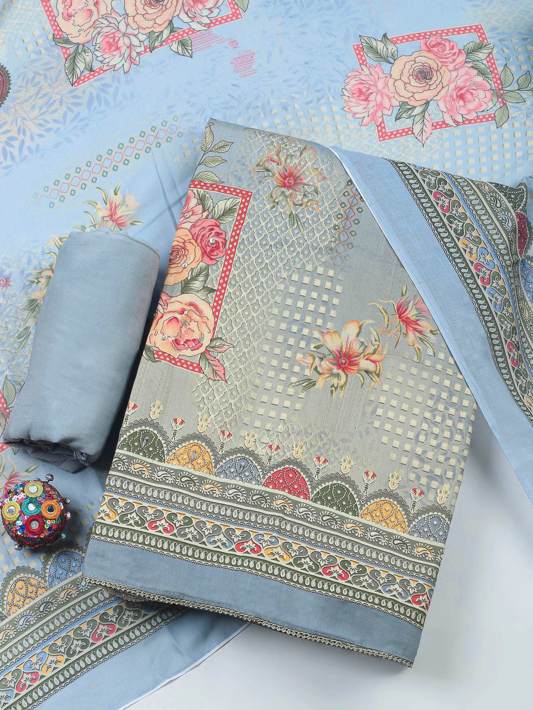 Grey Printed Cotton Blend Unstitched Dress Material