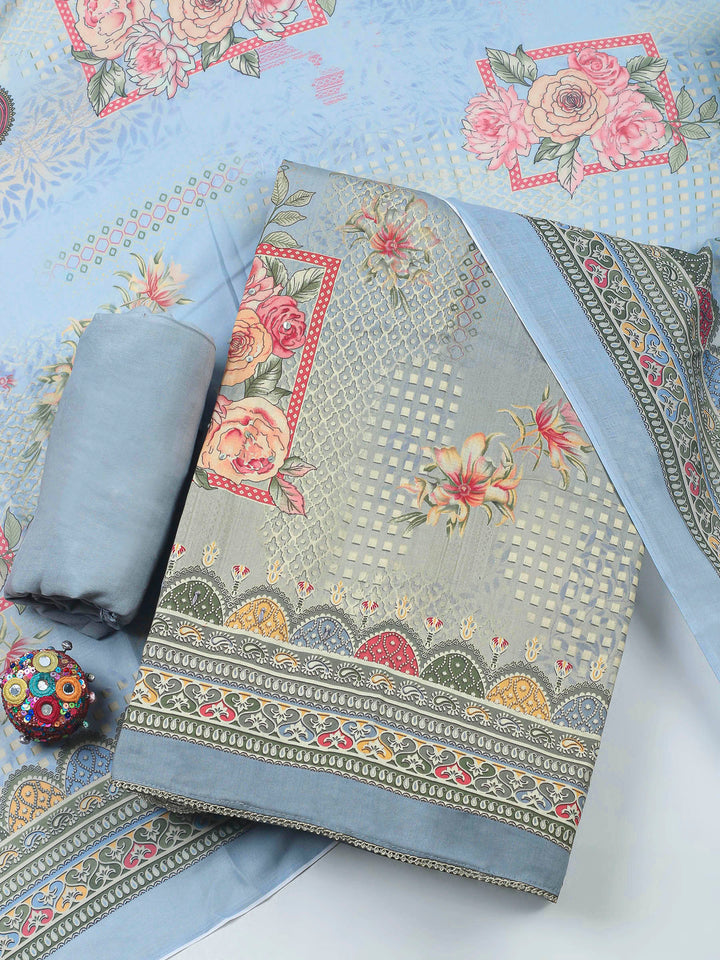 Grey Printed Cotton Blend Unstitched Dress Material