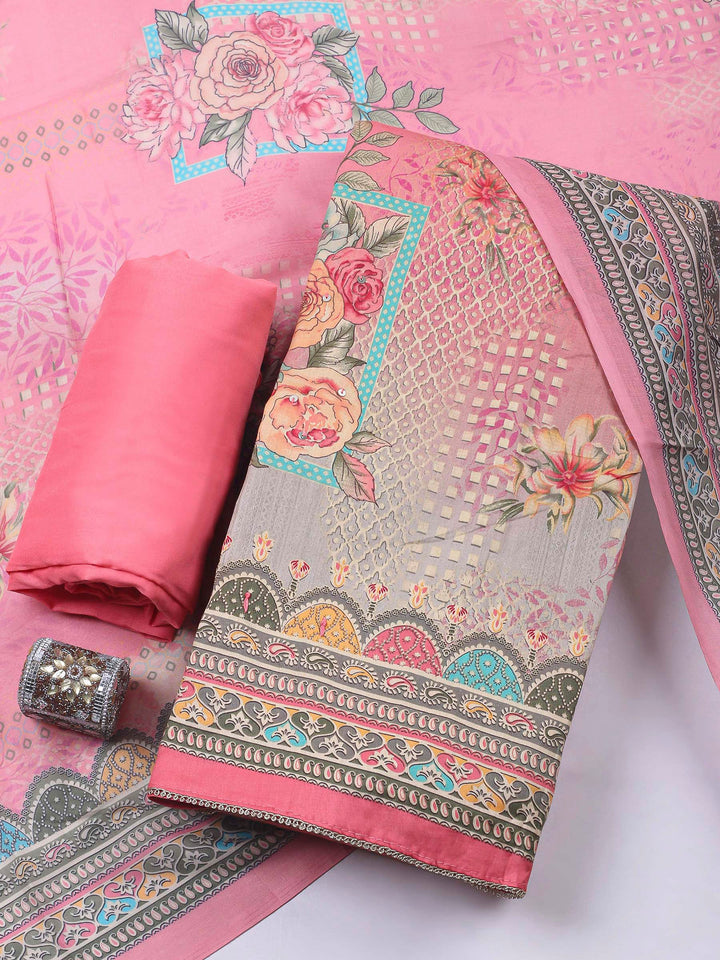 Pink Printed Cotton Blend Unstitched Dress Material