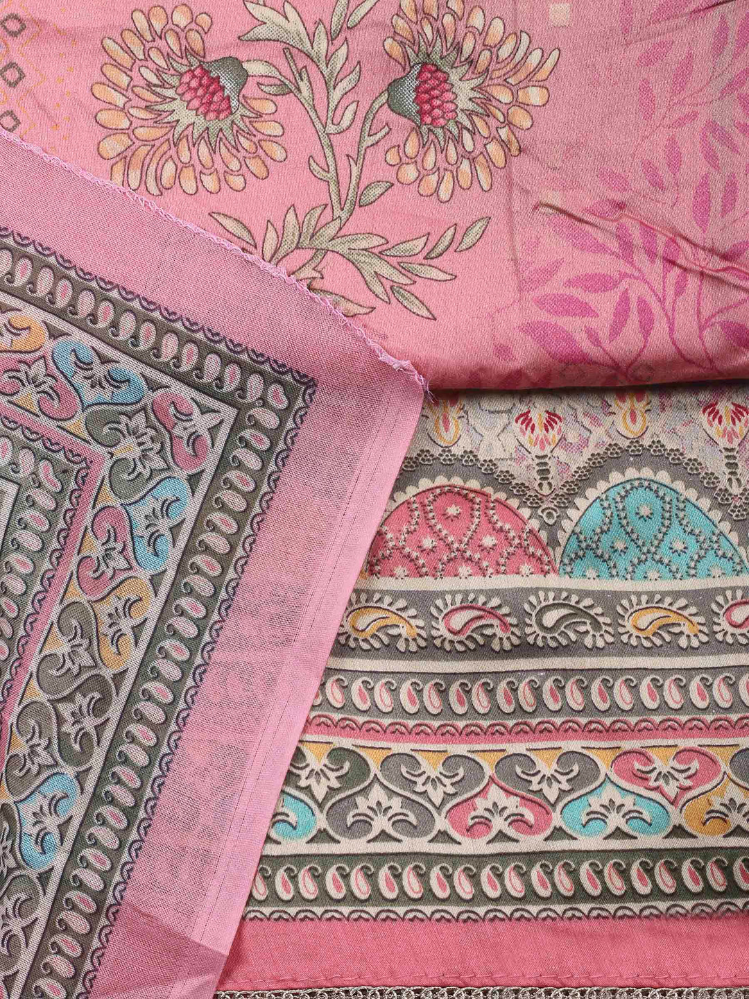 Pink Printed Cotton Blend Unstitched Dress Material