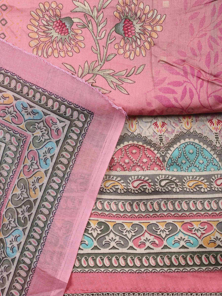 Pink Printed Cotton Blend Unstitched Dress Material