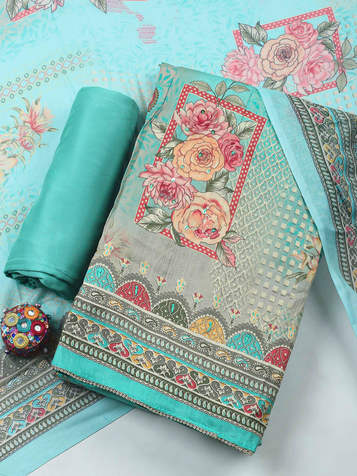 Sea Green Printed Cotton Blend Unstitched Dress Material