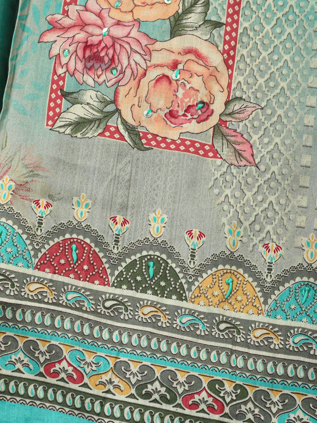 Sea Green Printed Cotton Blend Unstitched Dress Material