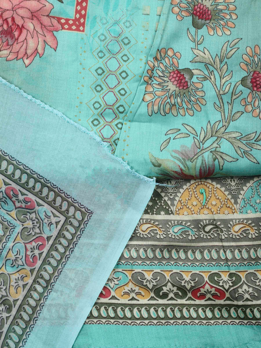 Sea Green Printed Cotton Blend Unstitched Dress Material