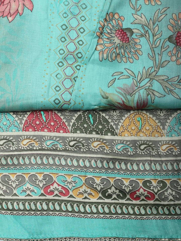 Sea Green Printed Cotton Blend Unstitched Dress Material