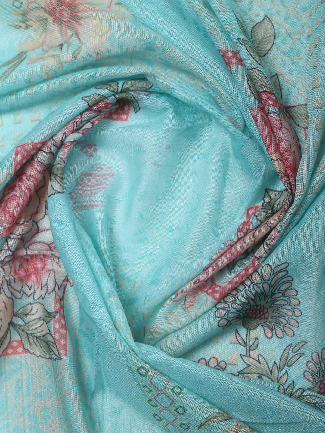 Sea Green Printed Cotton Blend Unstitched Dress Material