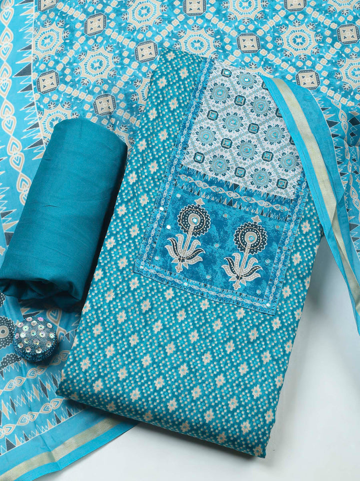 Blue Printed Cotton Blend Unstitched Dress Material