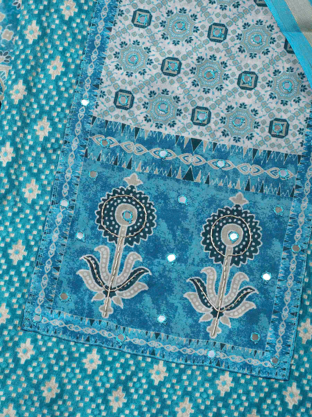 Blue Printed Cotton Blend Unstitched Dress Material