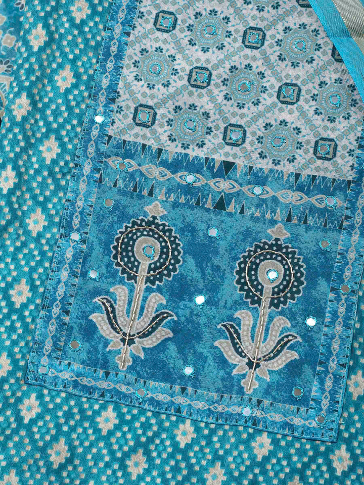 Blue Printed Cotton Blend Unstitched Dress Material