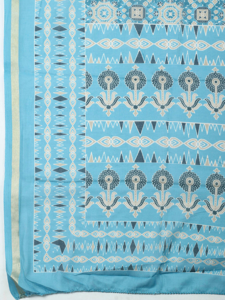 Blue Printed Cotton Blend Unstitched Dress Material