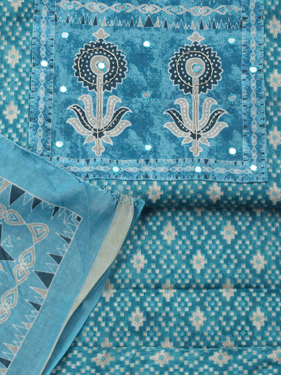 Blue Printed Cotton Blend Unstitched Dress Material