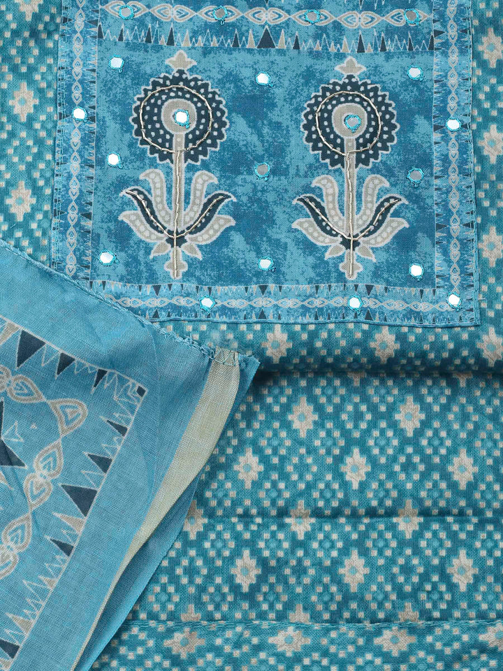 Blue Printed Cotton Blend Unstitched Dress Material