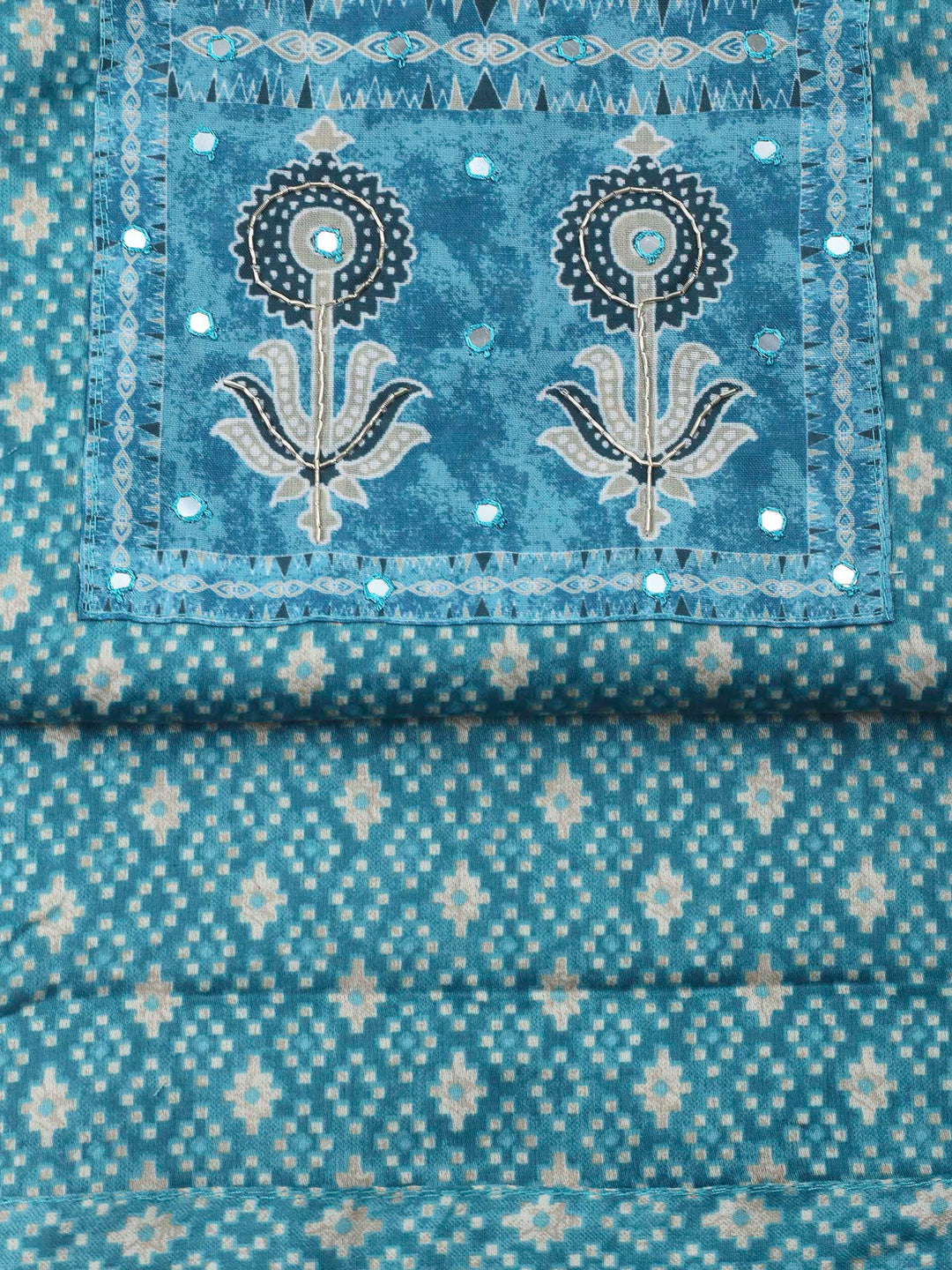 Blue Printed Cotton Blend Unstitched Dress Material