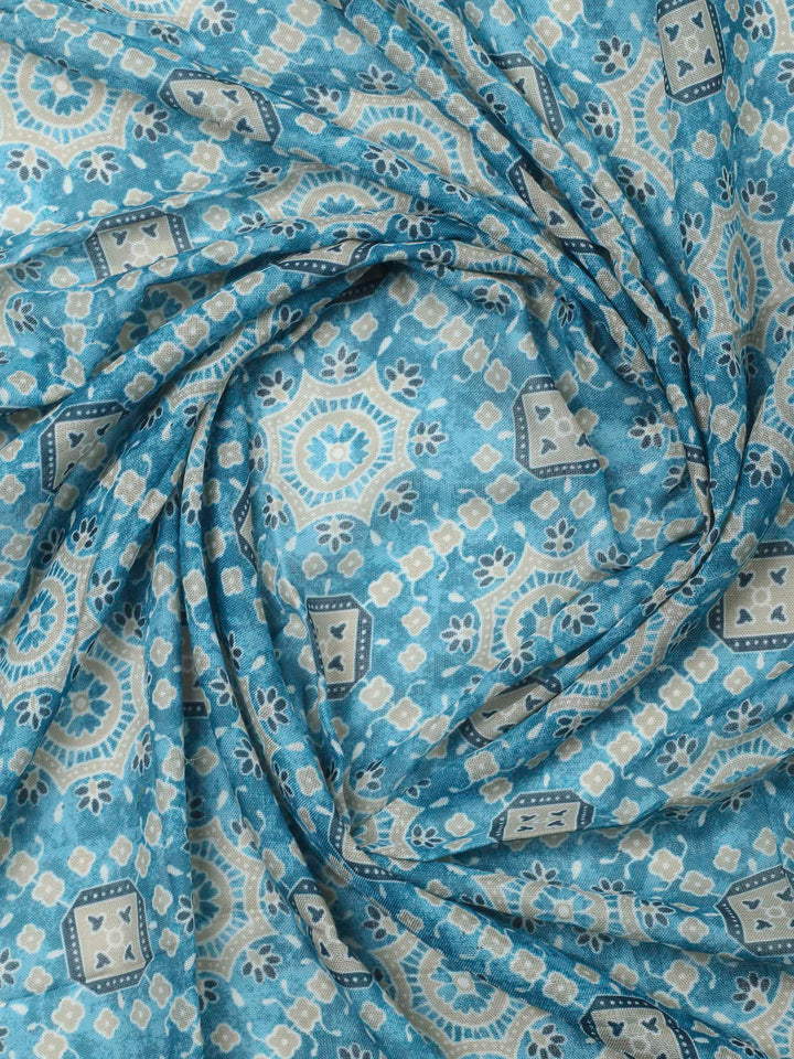 Blue Printed Cotton Blend Unstitched Dress Material