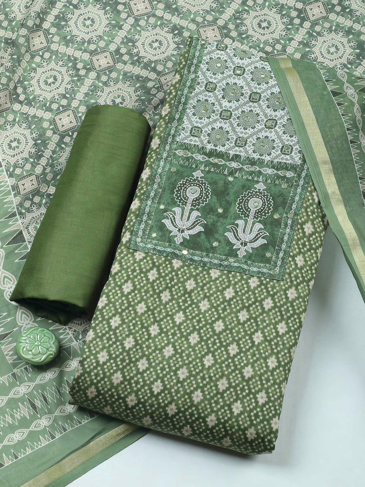 Green Printed Cotton Blend Unstitched Dress Material