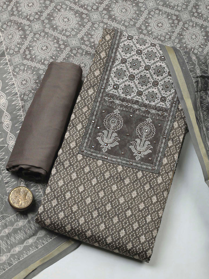 Grey Printed Cotton Blend Unstitched Dress Material