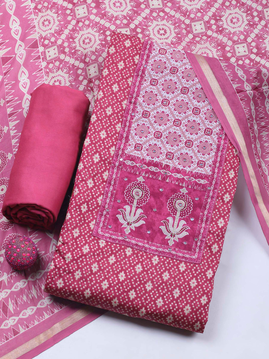 Pink Printed Cotton Blend Unstitched Dress Material