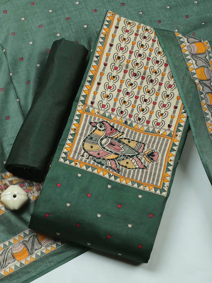 Bottle Green Printed Cotton Blend Unstitched Dress Material