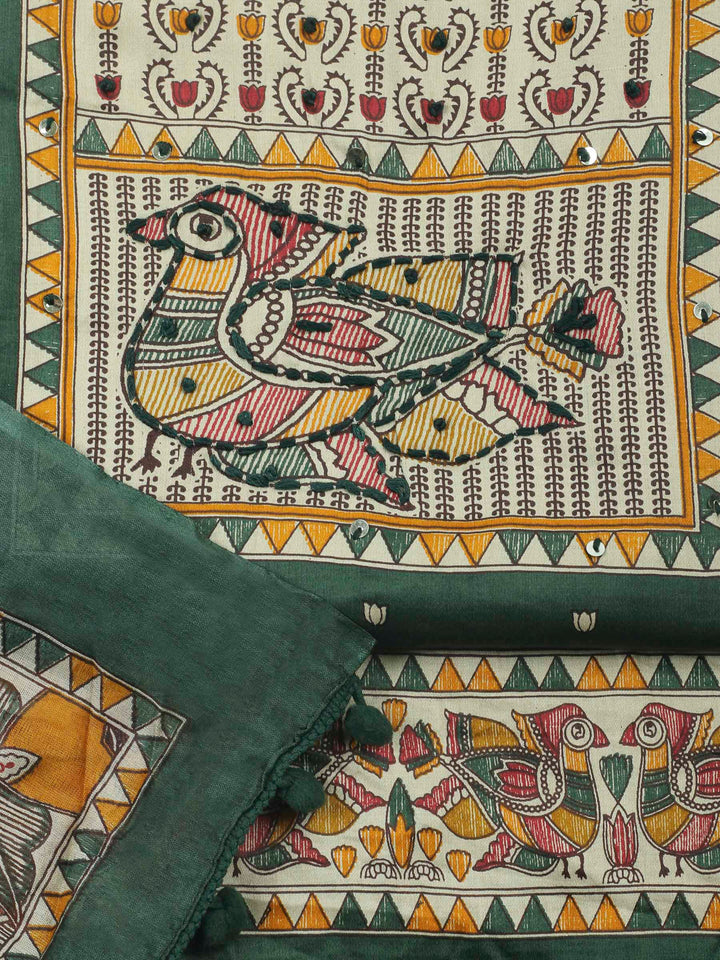 Bottle Green Printed Cotton Blend Unstitched Dress Material