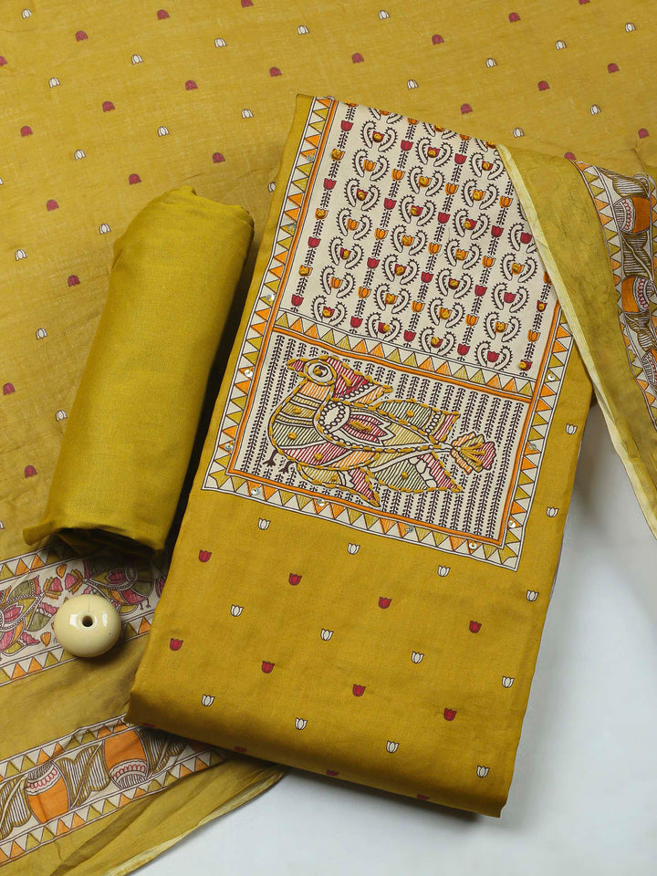 Mustard Printed Cotton Blend Unstitched Dress Material