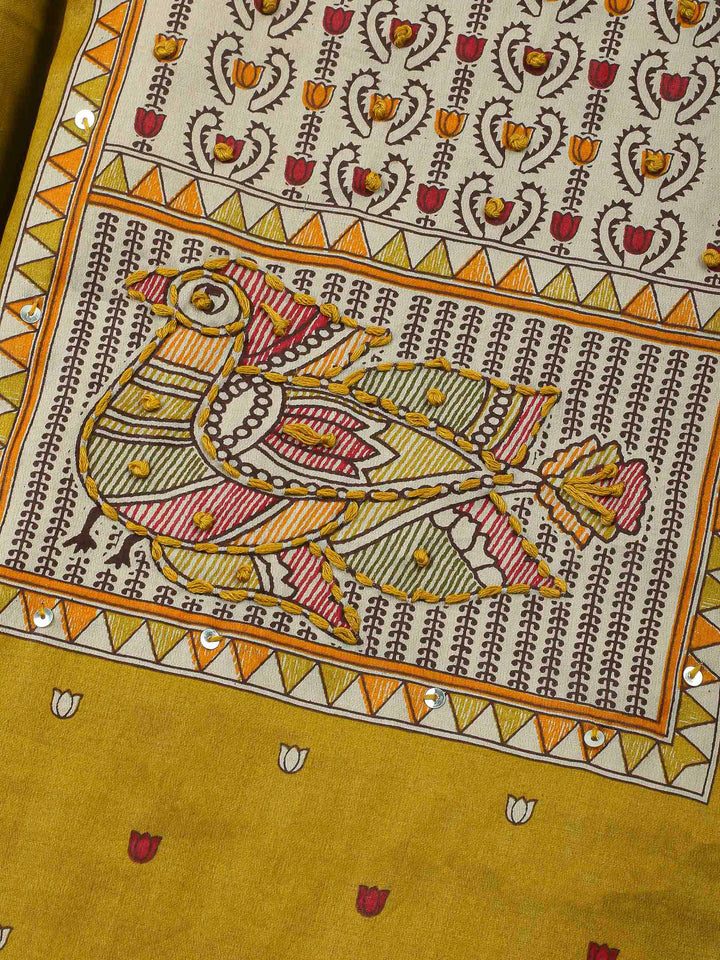 Mustard Printed Cotton Blend Unstitched Dress Material