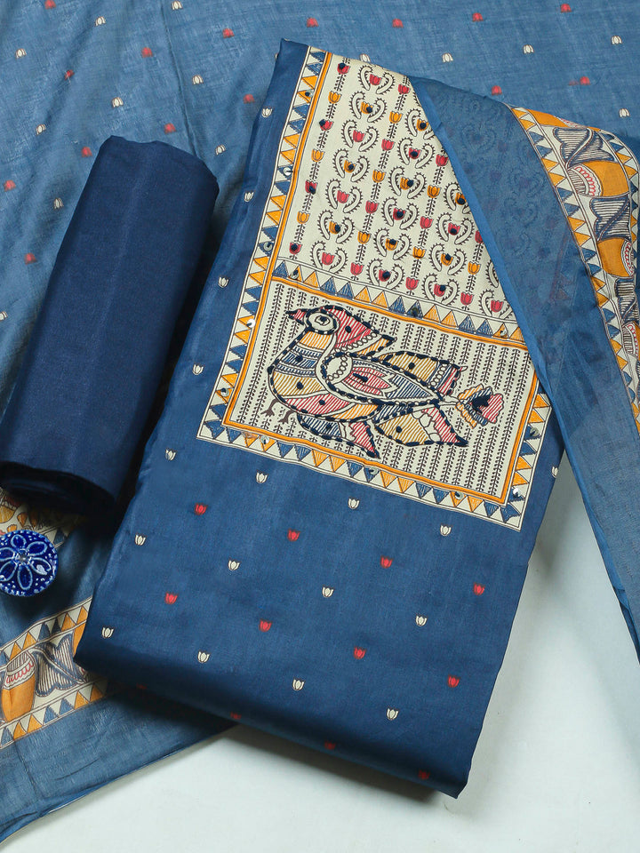 Navy Blue Printed Cotton Blend Unstitched Dress Material