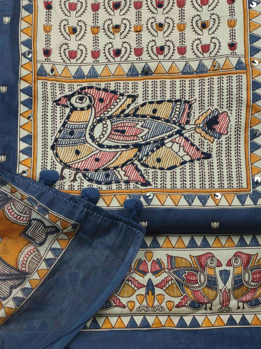 Navy Blue Printed Cotton Blend Unstitched Dress Material