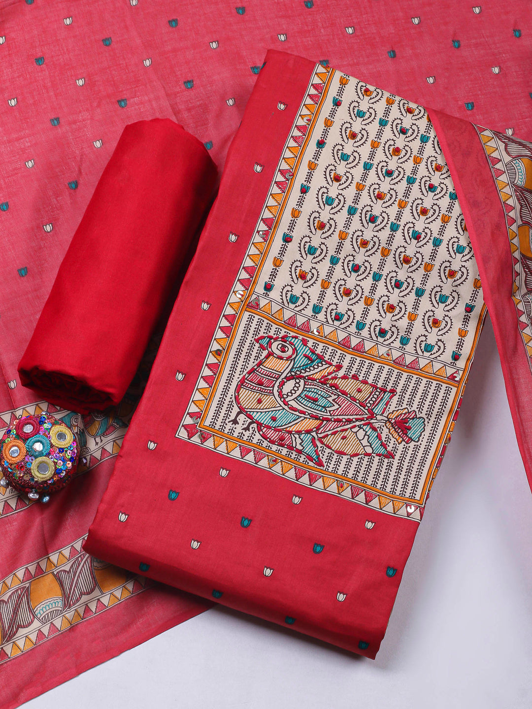 Red Printed Cotton Blend Unstitched Dress Material