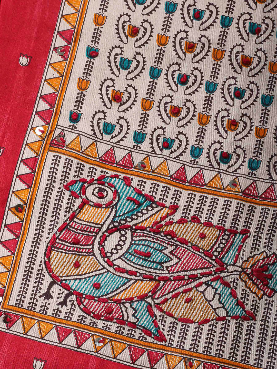 Red Printed Cotton Blend Unstitched Dress Material