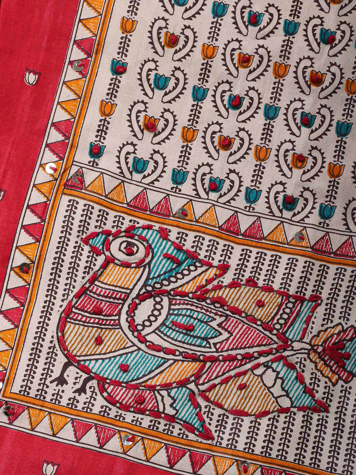 Red Printed Cotton Blend Unstitched Dress Material