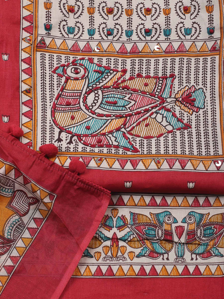 Red Printed Cotton Blend Unstitched Dress Material
