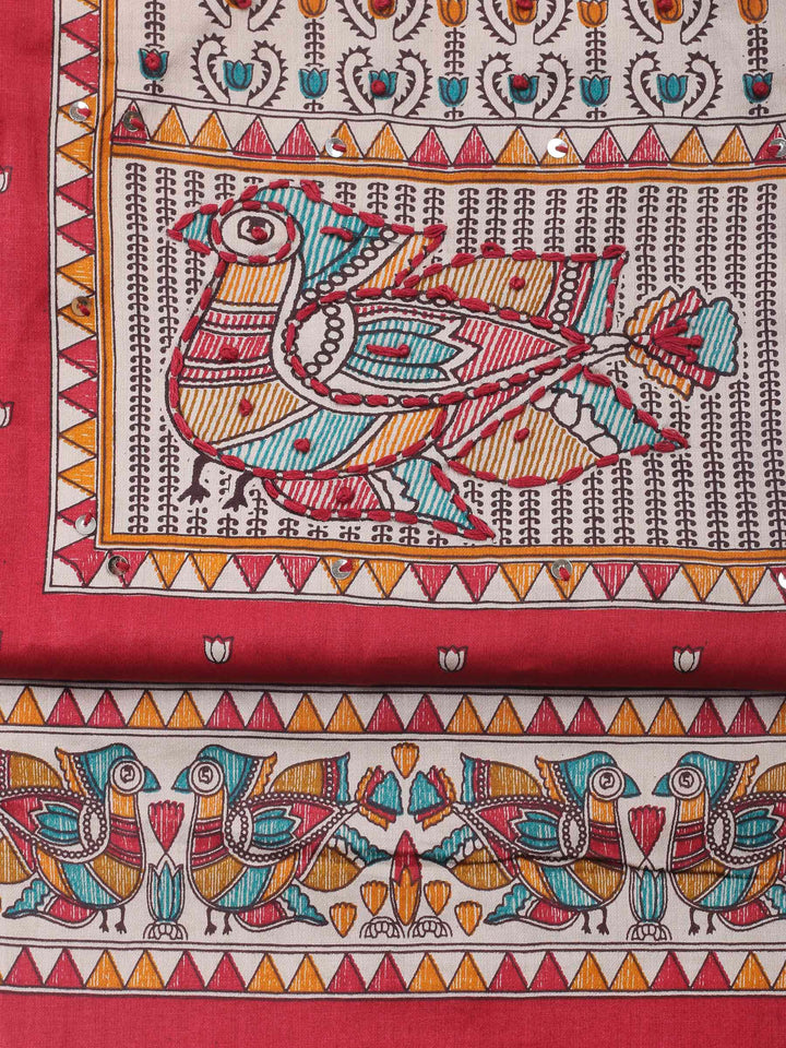 Red Printed Cotton Blend Unstitched Dress Material