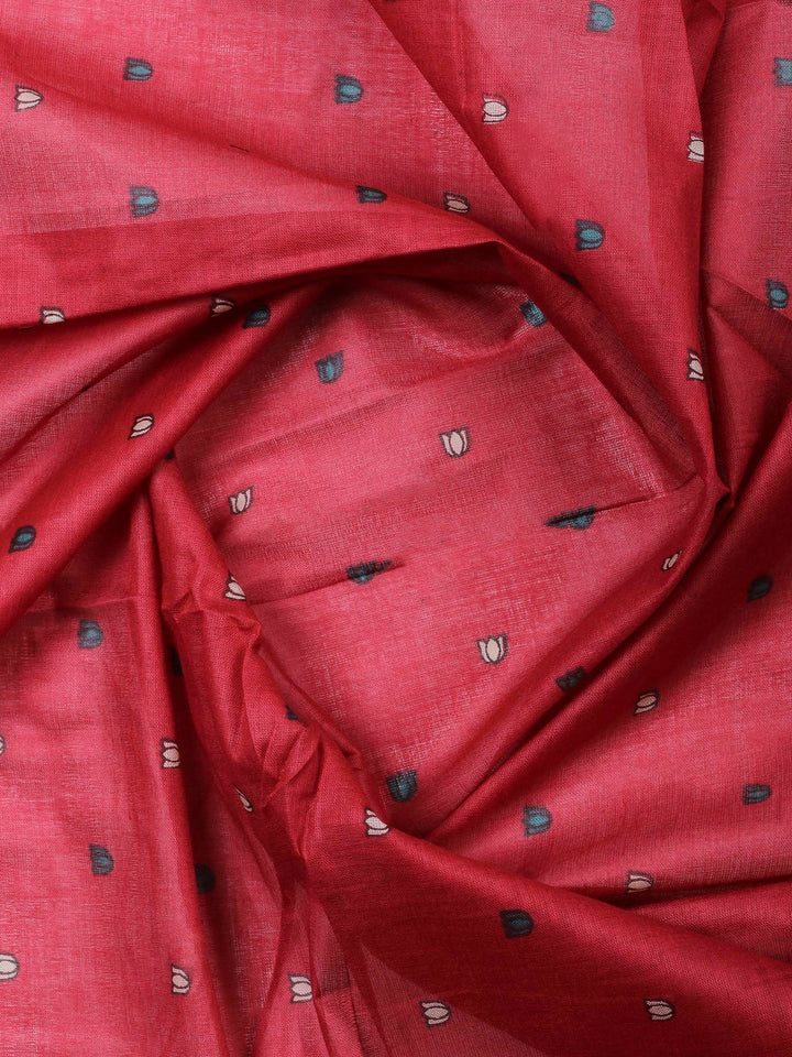 Red Printed Cotton Blend Unstitched Dress Material