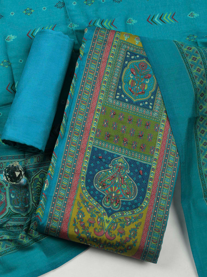 Lake Blue Printed Cotton Blend Unstitched Suit &amp; Pant With Cotton Dupatta