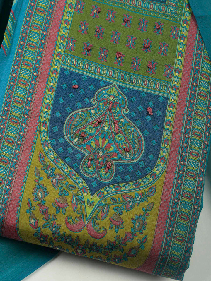 Lake Blue Printed Cotton Blend Unstitched Suit &amp; Pant With Cotton Dupatta