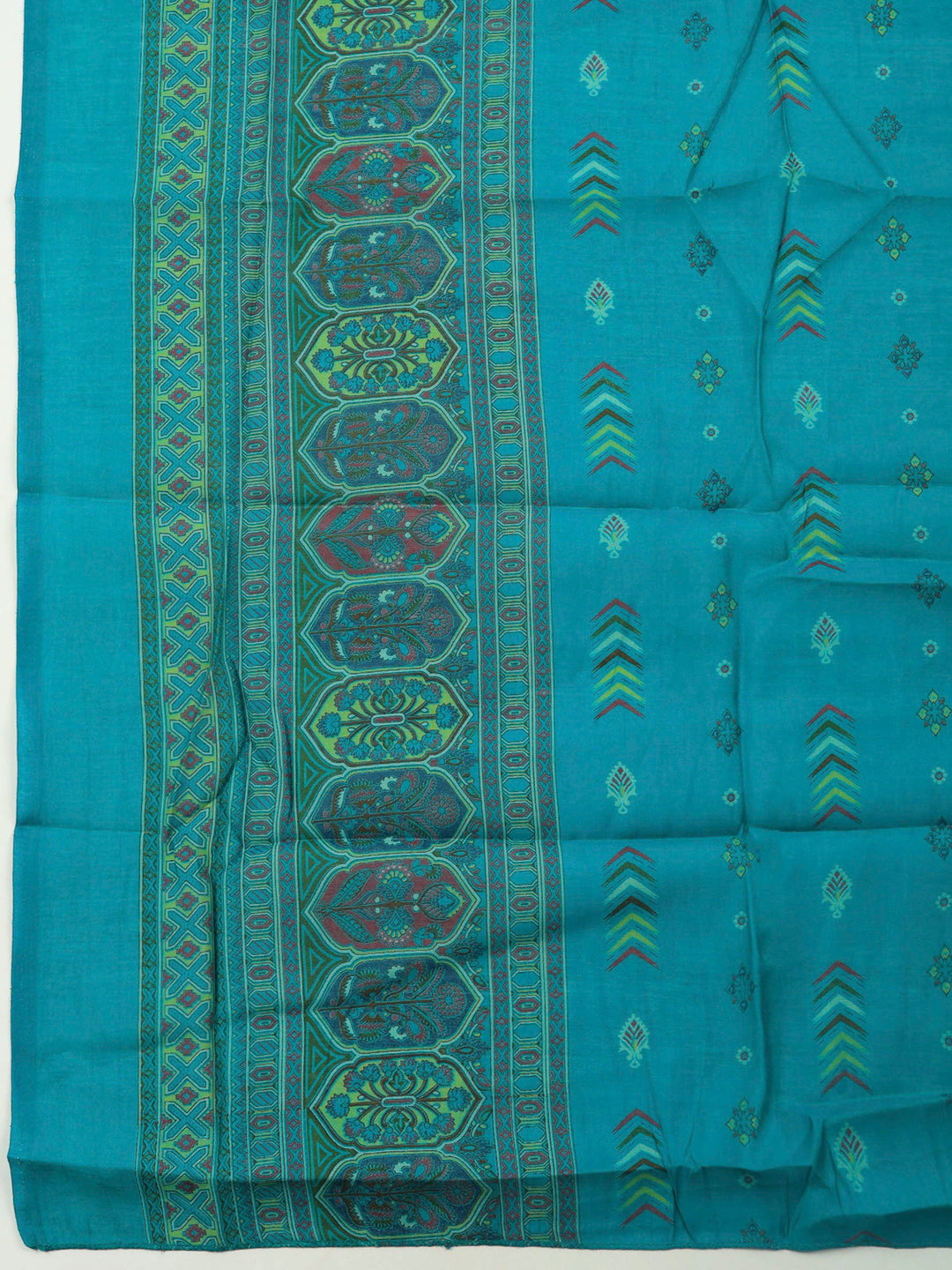 Lake Blue Printed Cotton Blend Unstitched Suit &amp; Pant With Cotton Dupatta