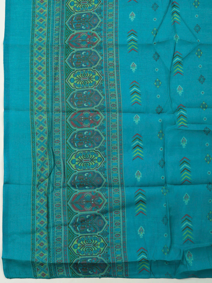 Lake Blue Printed Cotton Blend Unstitched Suit &amp; Pant With Cotton Dupatta