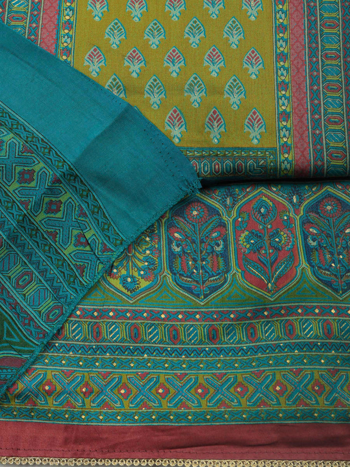 Lake Blue Printed Cotton Blend Unstitched Suit &amp; Pant With Cotton Dupatta