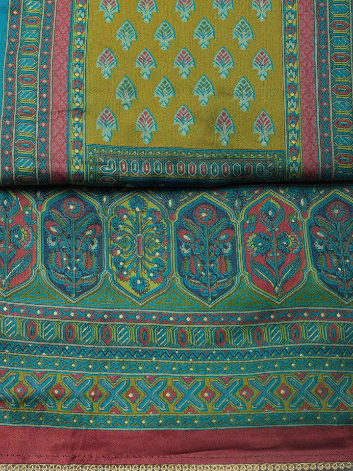 Lake Blue Printed Cotton Blend Unstitched Suit &amp; Pant With Cotton Dupatta