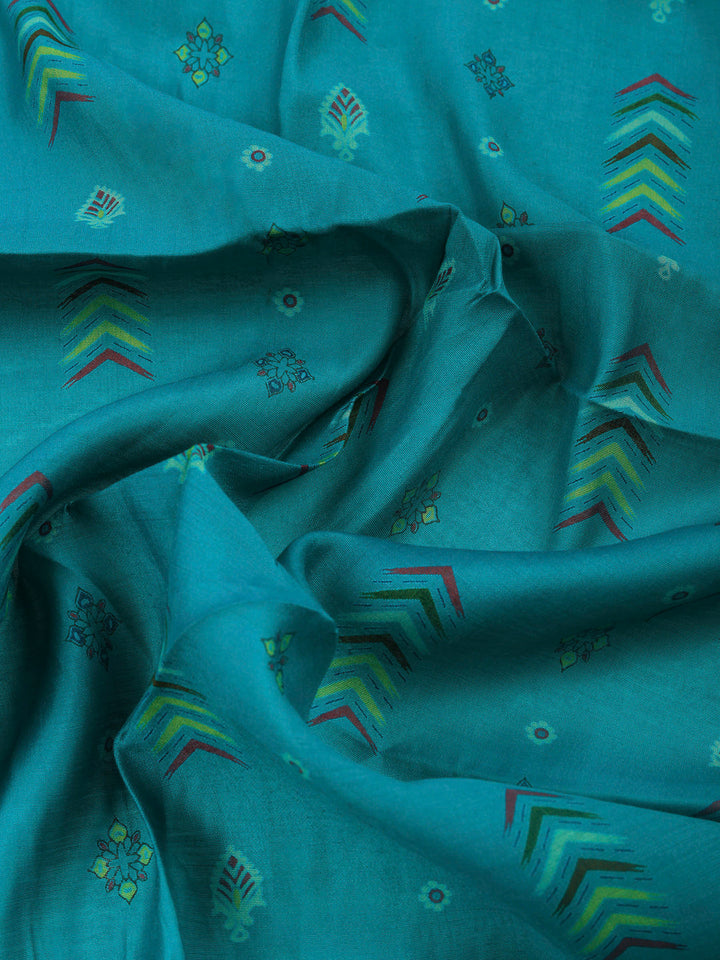 Lake Blue Printed Cotton Blend Unstitched Suit &amp; Pant With Cotton Dupatta