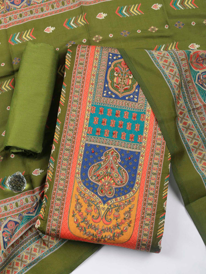 Mehndi Printed Cotton Blend Unstitched Suit &amp; Pant With Cotton Dupatta
