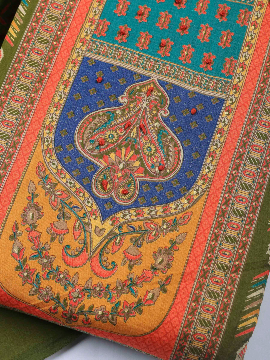 Mehndi Printed Cotton Blend Unstitched Suit &amp; Pant With Cotton Dupatta