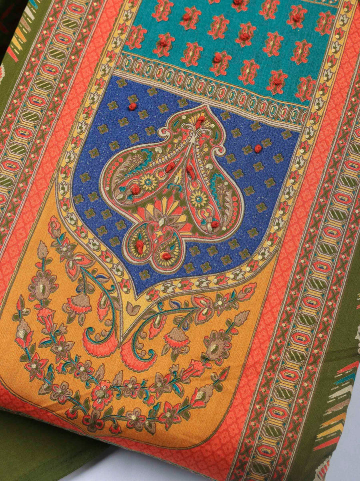 Mehndi Printed Cotton Blend Unstitched Suit &amp; Pant With Cotton Dupatta