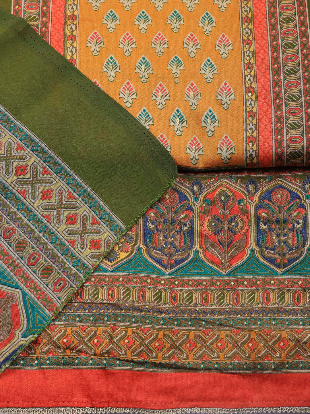 Mehndi Printed Cotton Blend Unstitched Suit &amp; Pant With Cotton Dupatta