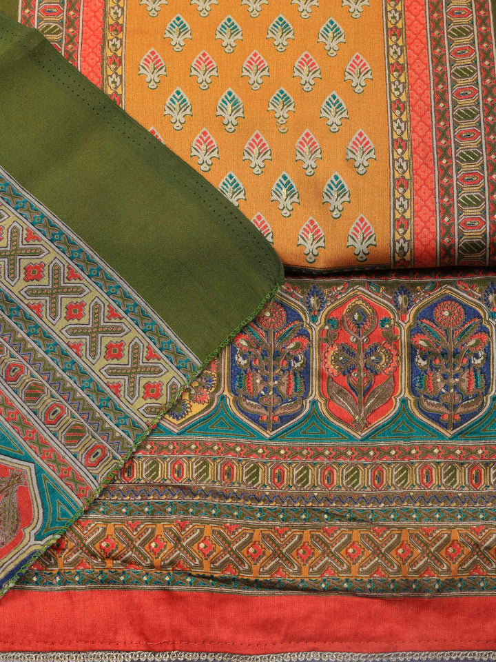 Mehndi Printed Cotton Blend Unstitched Suit &amp; Pant With Cotton Dupatta