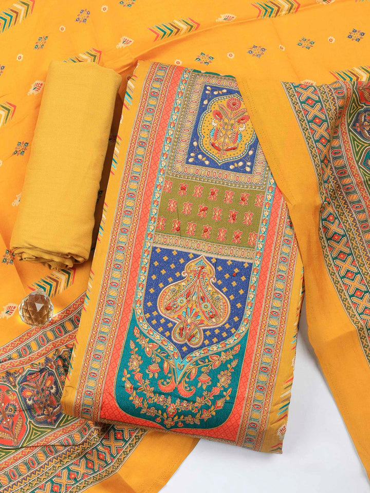 Mustard Printed Cotton Blend Unstitched Suit &amp; Pant With Cotton Dupatta