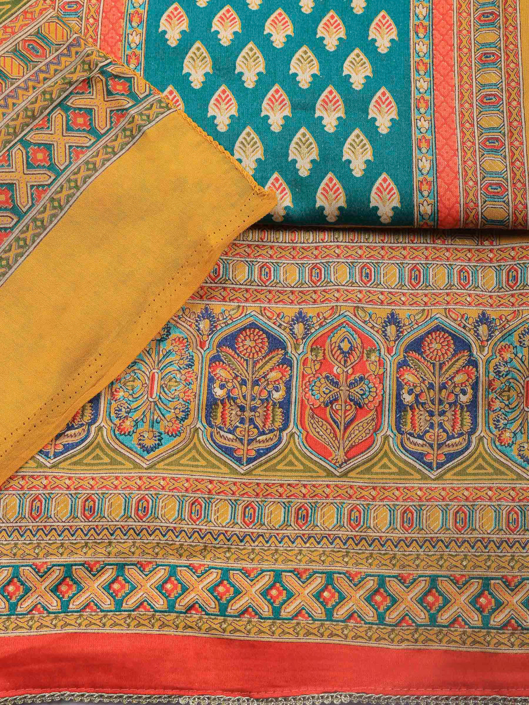 Mustard Printed Cotton Blend Unstitched Suit &amp; Pant With Cotton Dupatta