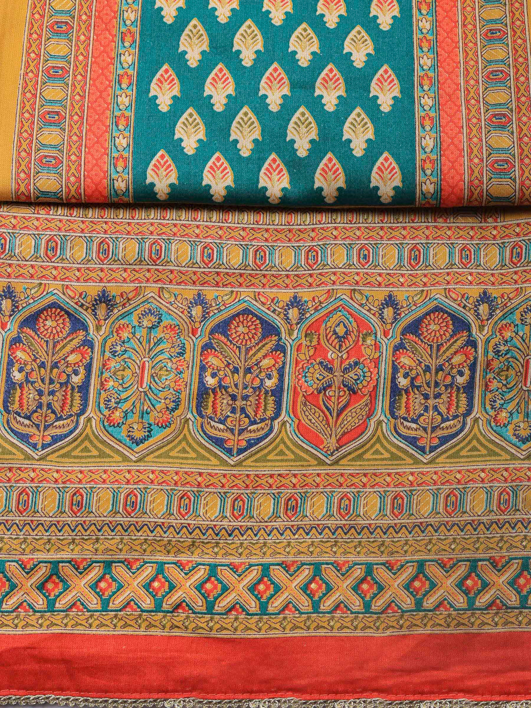 Mustard Printed Cotton Blend Unstitched Suit &amp; Pant With Cotton Dupatta